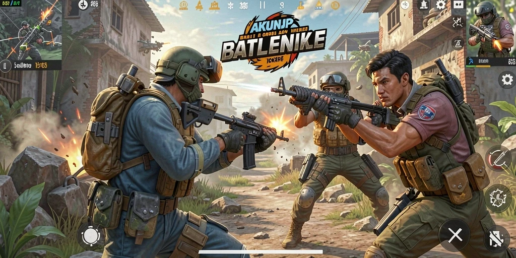 Tangkapan layar utama dari gameplay intens AKUNJP Battle Royale.