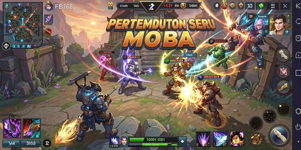 Tampilan gameplay FB168 yang menarik dan penuh aksi dalam pertarungan tim MOBA.