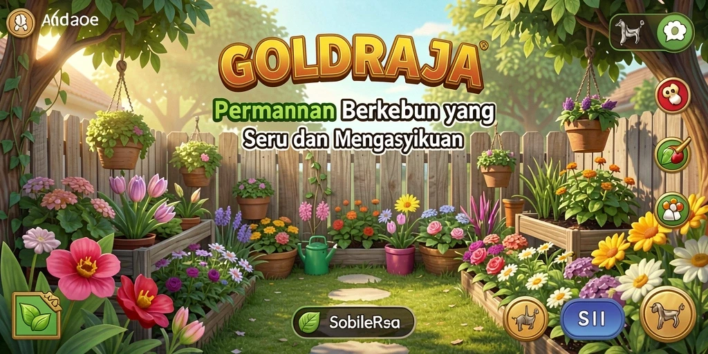 Tampilan gameplay <strong>GOLDRAJA</strong> yang menampilkan kebun yang subur dan hewan peliharaan.