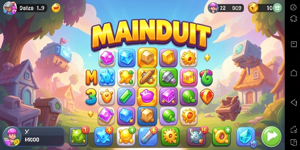 Menampilkan gameplay seru dari MAINDUIT dengan kombinasi elemen Match-3.