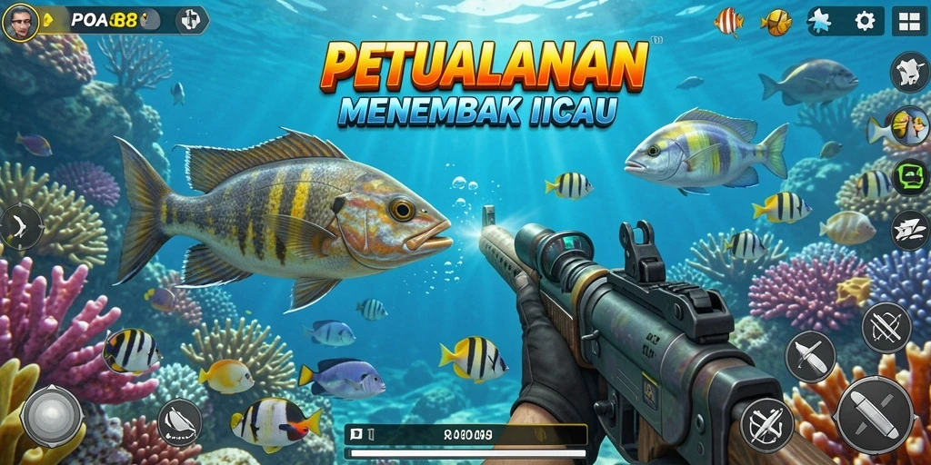 Tampilan gameplay seru menembak ikan di bawah laut.