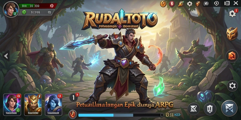 Tangkapan layar gameplay RUDALTOTO yang menampilkan pertarungan epik dan eksplorasi.