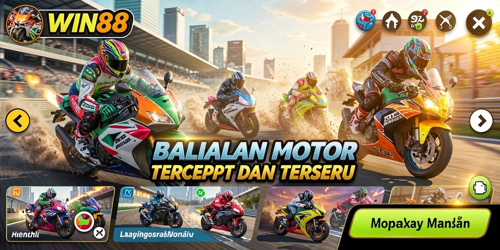 Tangkapan layar gameplay WIN88 menampilkan aksi balapan motor yang menegangkan.